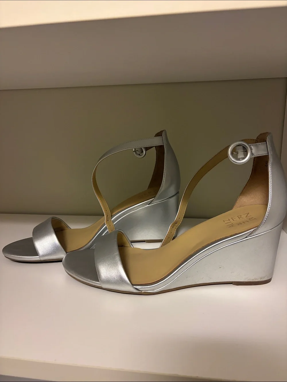 Silver Wedge Sandals with Ankle Strap
